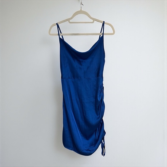 ASOS NaaNaa cowl neck ruched side satin dress in cobalt blue - Picture 2 of 9